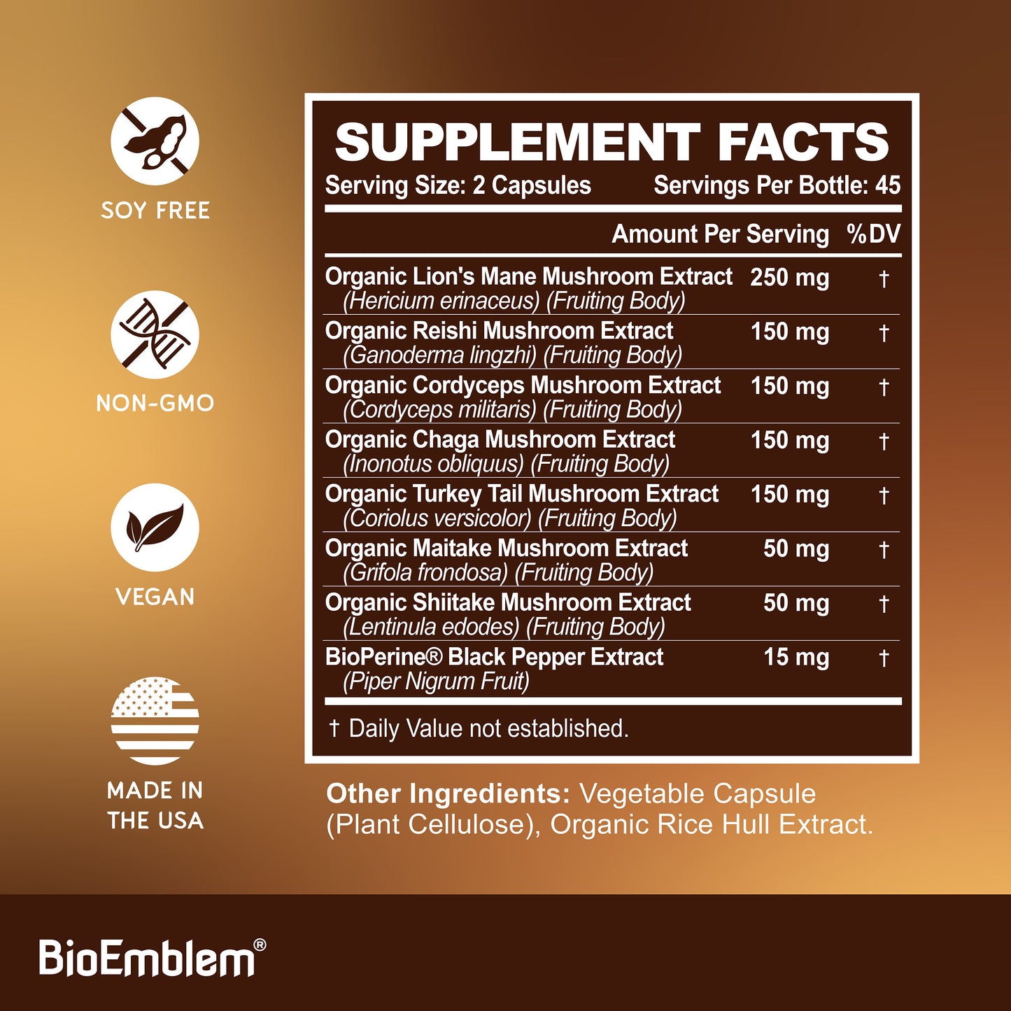 BioEmblem Mushroom Complex - 10:1 Strength and 7 Species 90ct