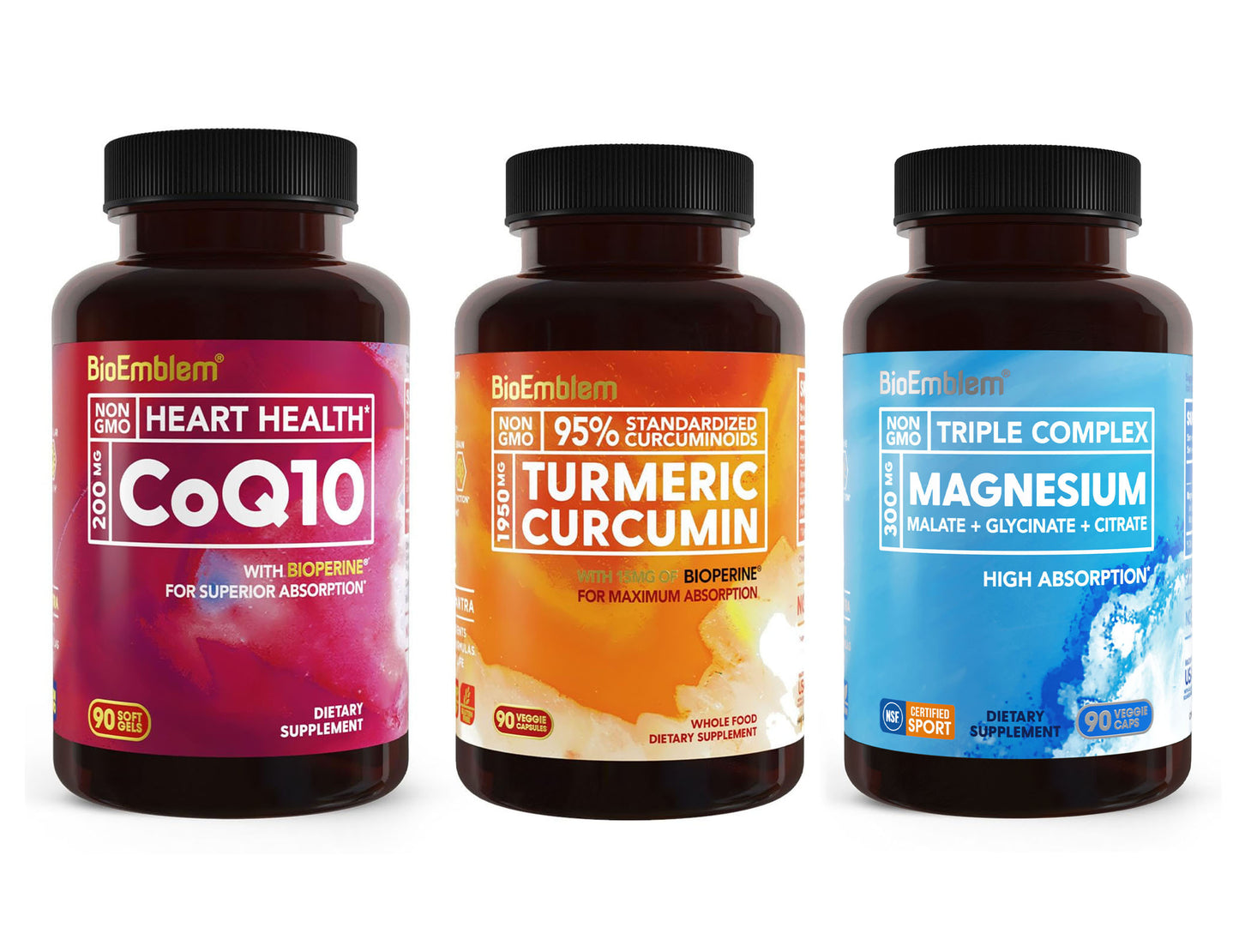 BioEmblem Triple Magnesium Complex and Turmeric Curcumin Supplement and CoQ10 with BioPerine