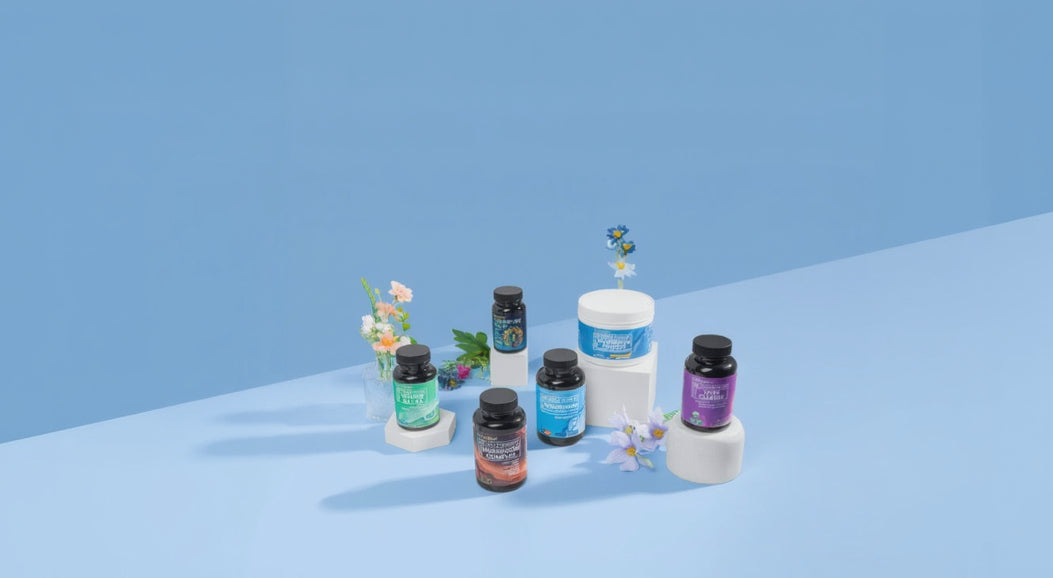 Collection of health and wellness products on a blue background
